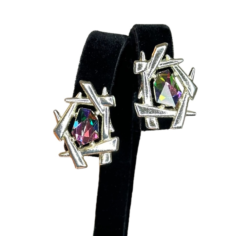 Sarah Coventry Signed Vintage AB Multicolor Stone Clip On Earrings